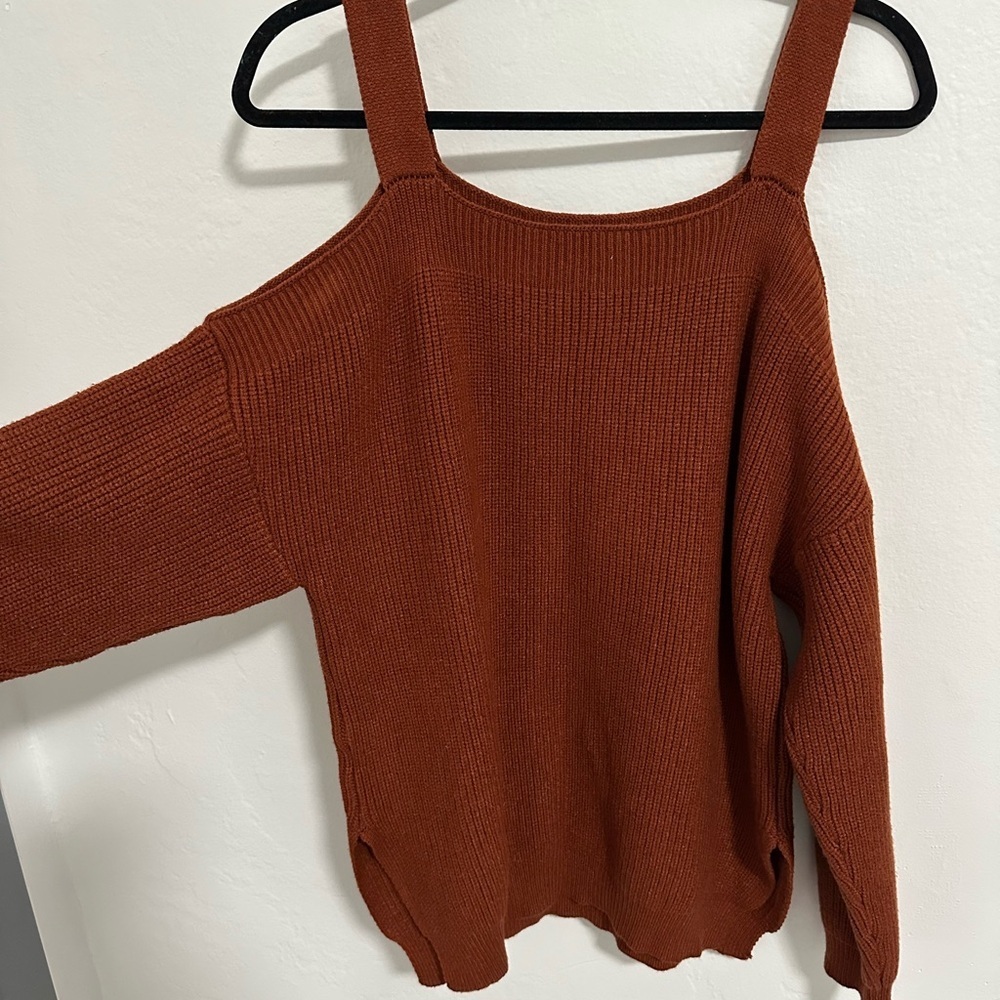 Brown Cold Shoulder Ribbed Knit Sweater – Women’s Medium, Strappy Pullover - Picture 1 of 11